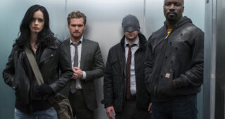 The Defenders : Photo Finn Jones, Krysten Ritter, Charlie Cox, Mike Colter, The Defenders saison 1
