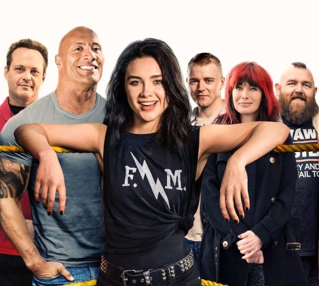 affiche du film une famille sur le ring avec Florence Pugh et Dwayne Johnson