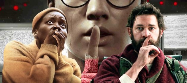 Lupita N'yongo et John Krasinski se couvrent la bouche, devant une image du jeu vidéo montrant le bas d'un visage d'une personne qui fait "chut" avec son doigt.