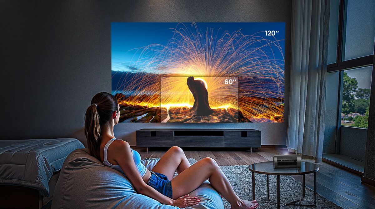 vidéoprojecteur JMGO PicoPlay qui projette un film dans une chambre